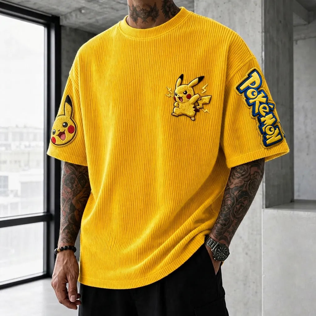 Pokémon Unisex Anime-Style Retro Corduroy Oversized T-Shirt