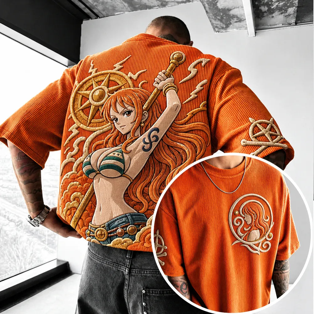 One Piece Unisex Anime-Style Retro Corduroy Oversized T-Shirt