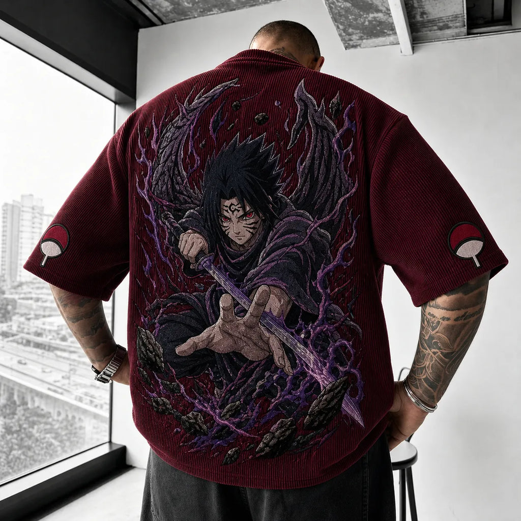 NINDO Unisex Oversized Anime-Print Vertical-Stripe Short-Sleeve T-Shirt