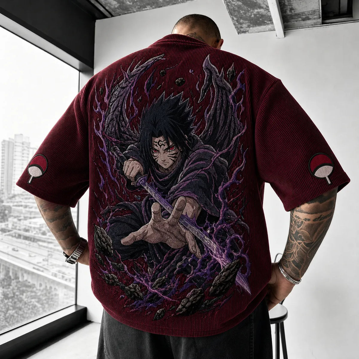NINDO Unisex Oversized Anime-Print Vertical-Stripe Short-Sleeve T-Shirt