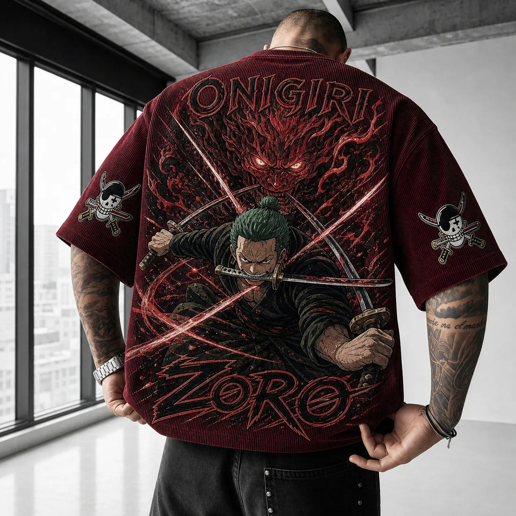 One Piece Unisex Oversized Anime-Print Vertical-Stripe Short-Sleeve T-Shirt
