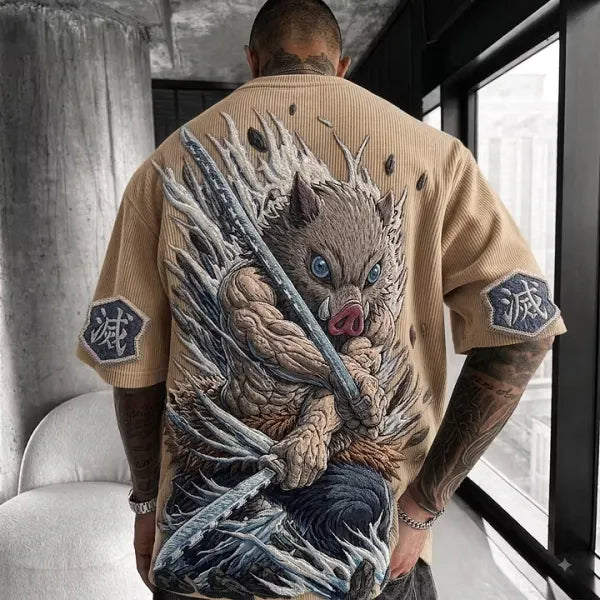KNY Unisex Anime-Style Retro Corduroy Oversized T-Shirt