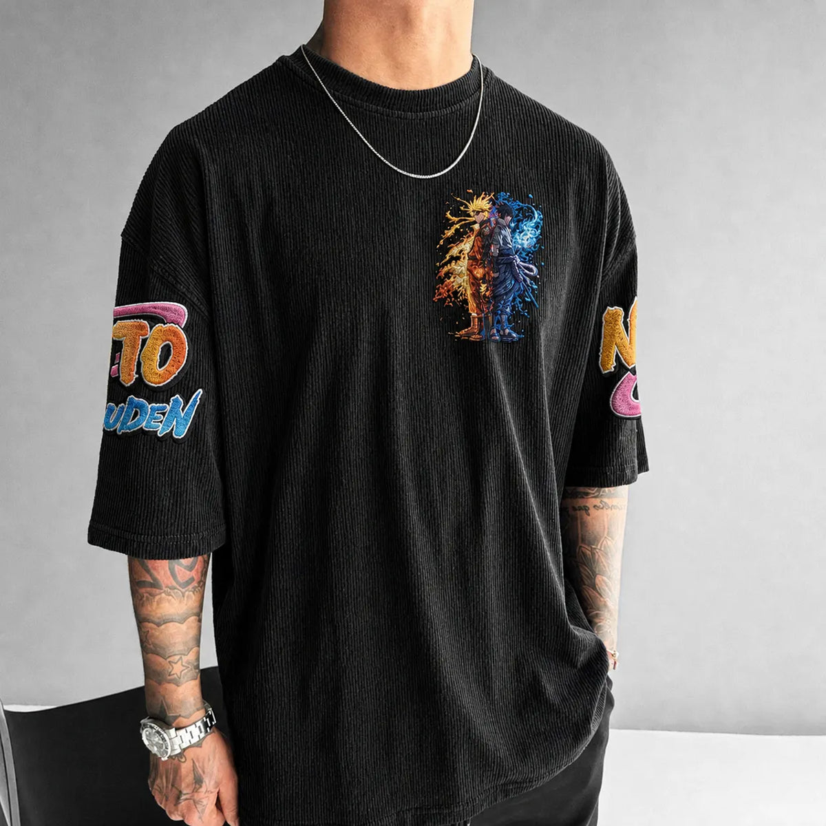 NINDO Unisex Anime-Style Retro Corduroy Oversized T-Shirt