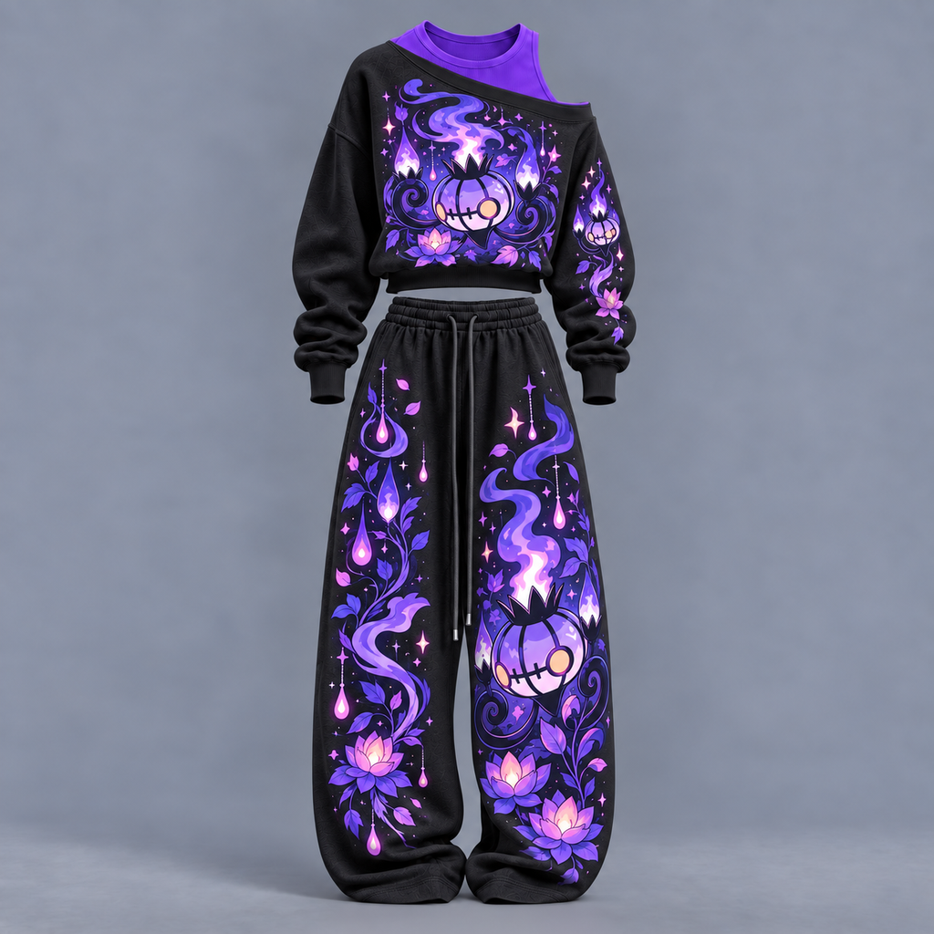 Pokémon-Women's Asymmetric Off-Shoulder Cut-Out Sweatshirt & Wide-Leg Sweatpants 2-Piece Set