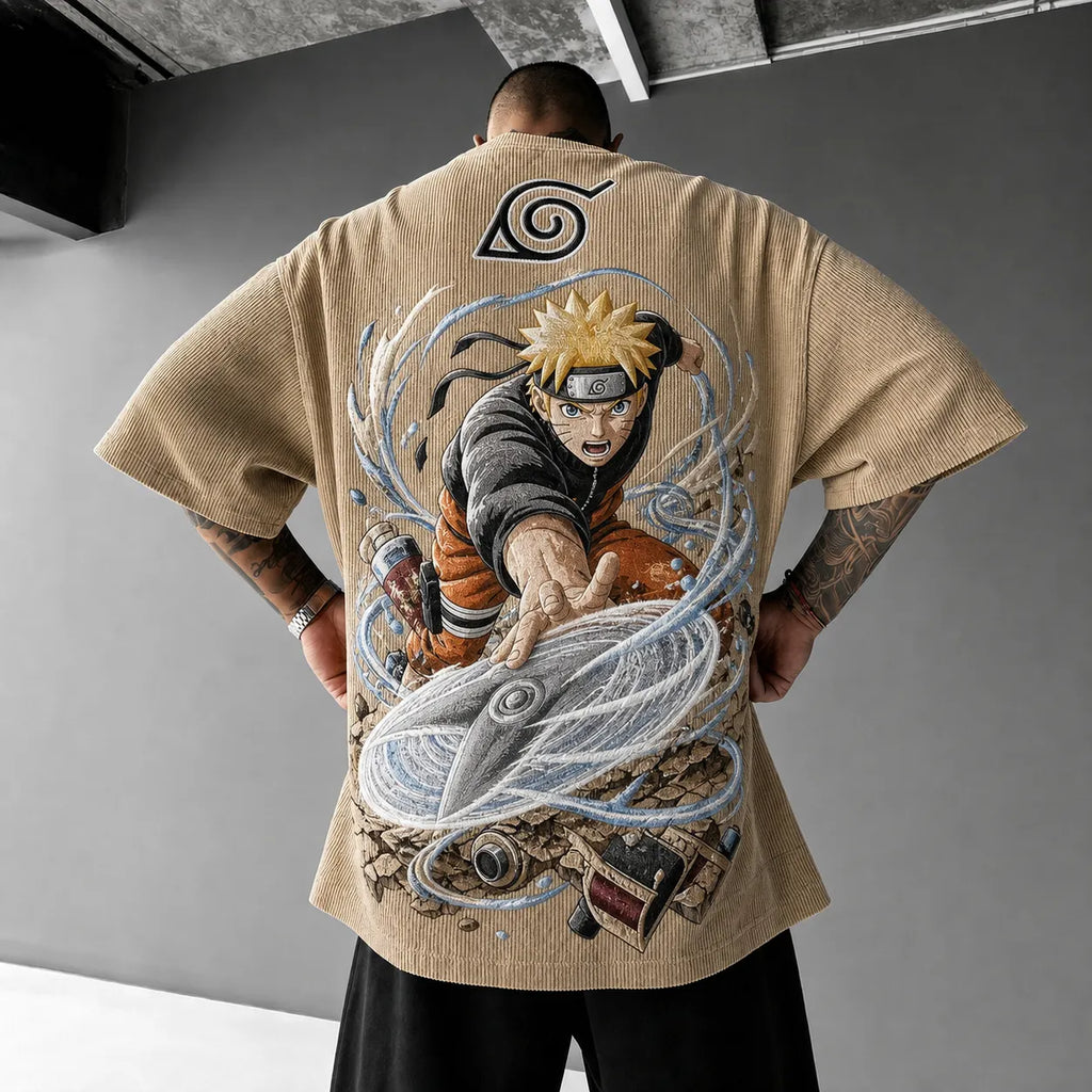 NINDO Unisex Oversized Anime-Print Vertical-Stripe Short-Sleeve T-Shirt