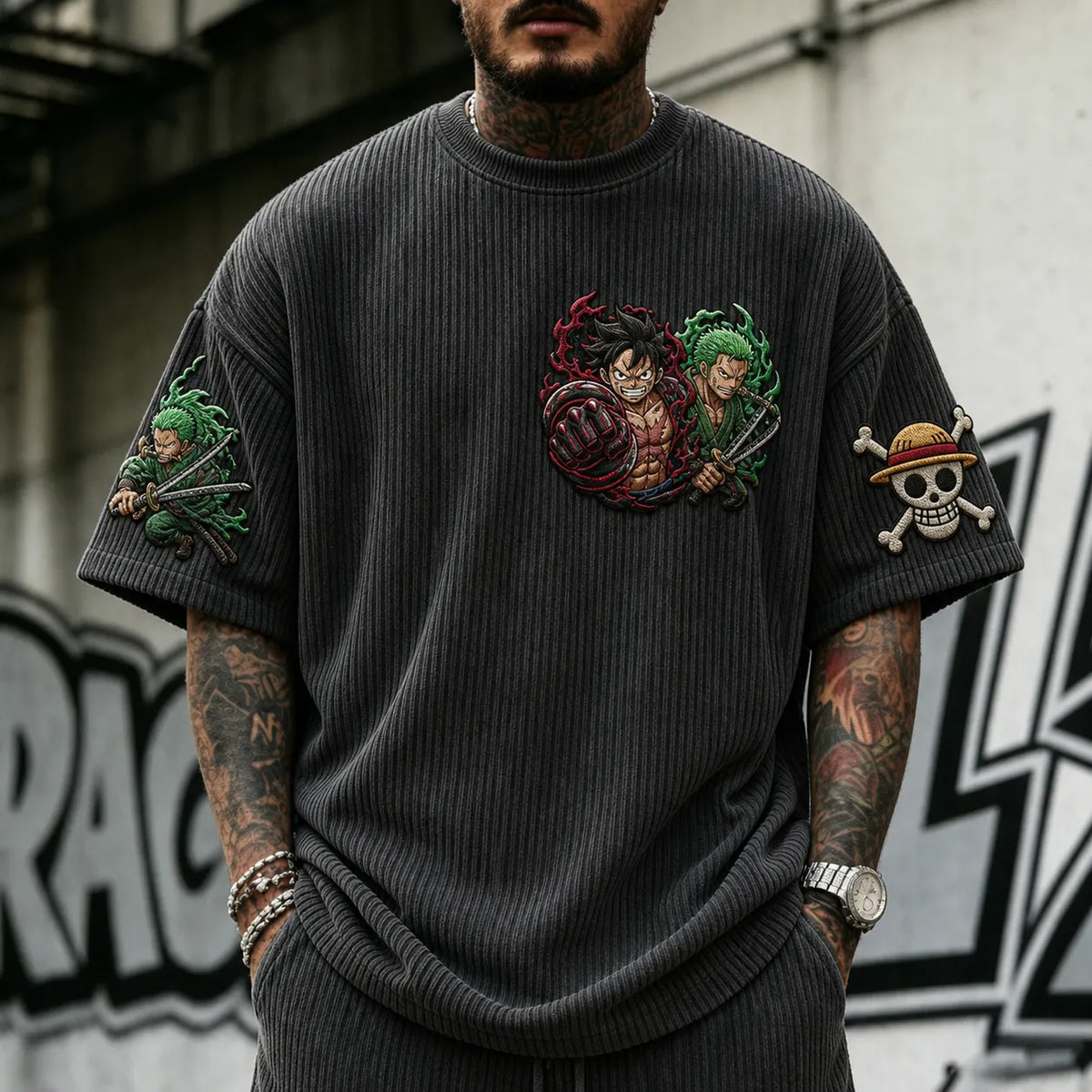 One Piece Unisex Anime-Style Retro Corduroy Oversized T-Shirt