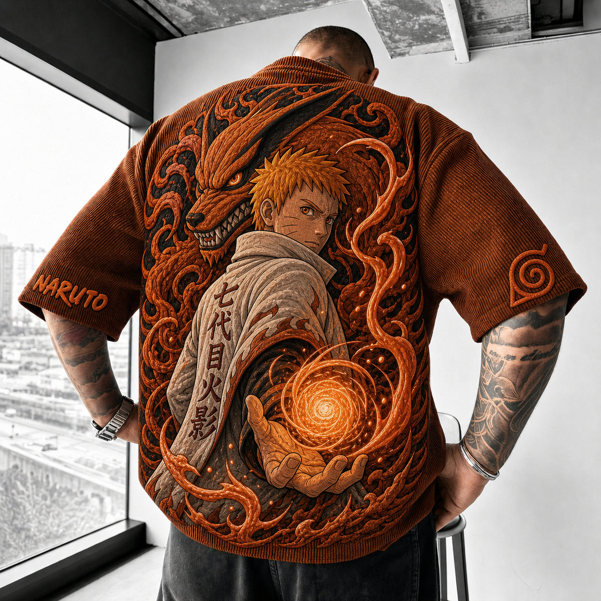 NINDO Unisex Anime-Style Retro Corduroy Oversized T-Shirt