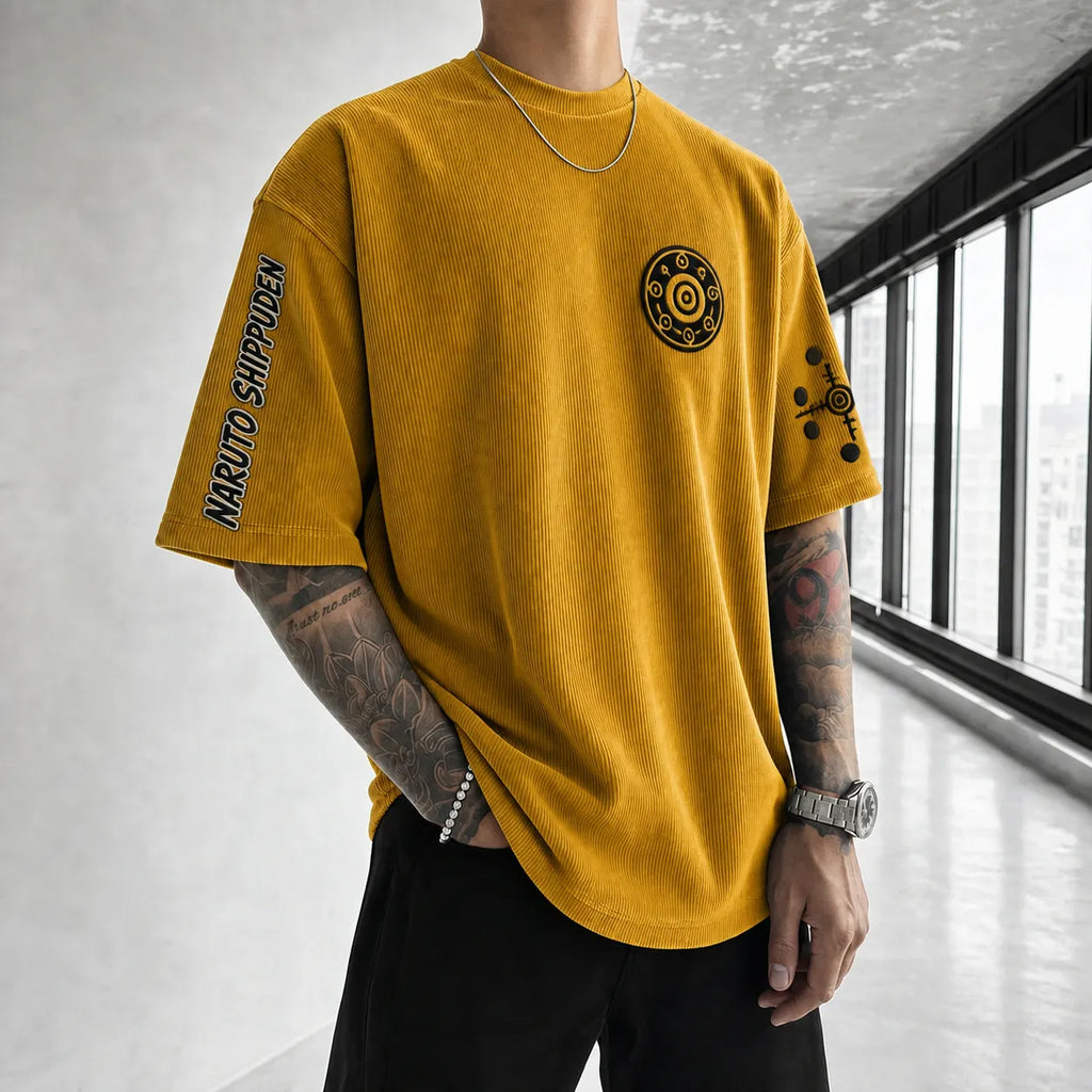 NINDO Unisex Anime-Style Retro Corduroy Oversized T-Shirt