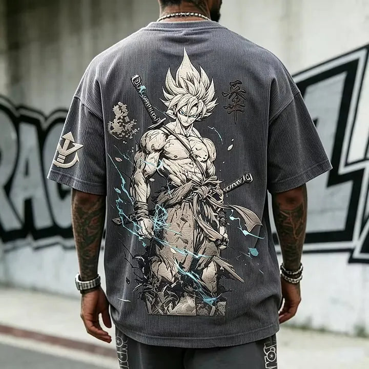 Dragon Ball Unisex Oversized Anime-Print Vertical-Stripe Short-Sleeve T-Shirt