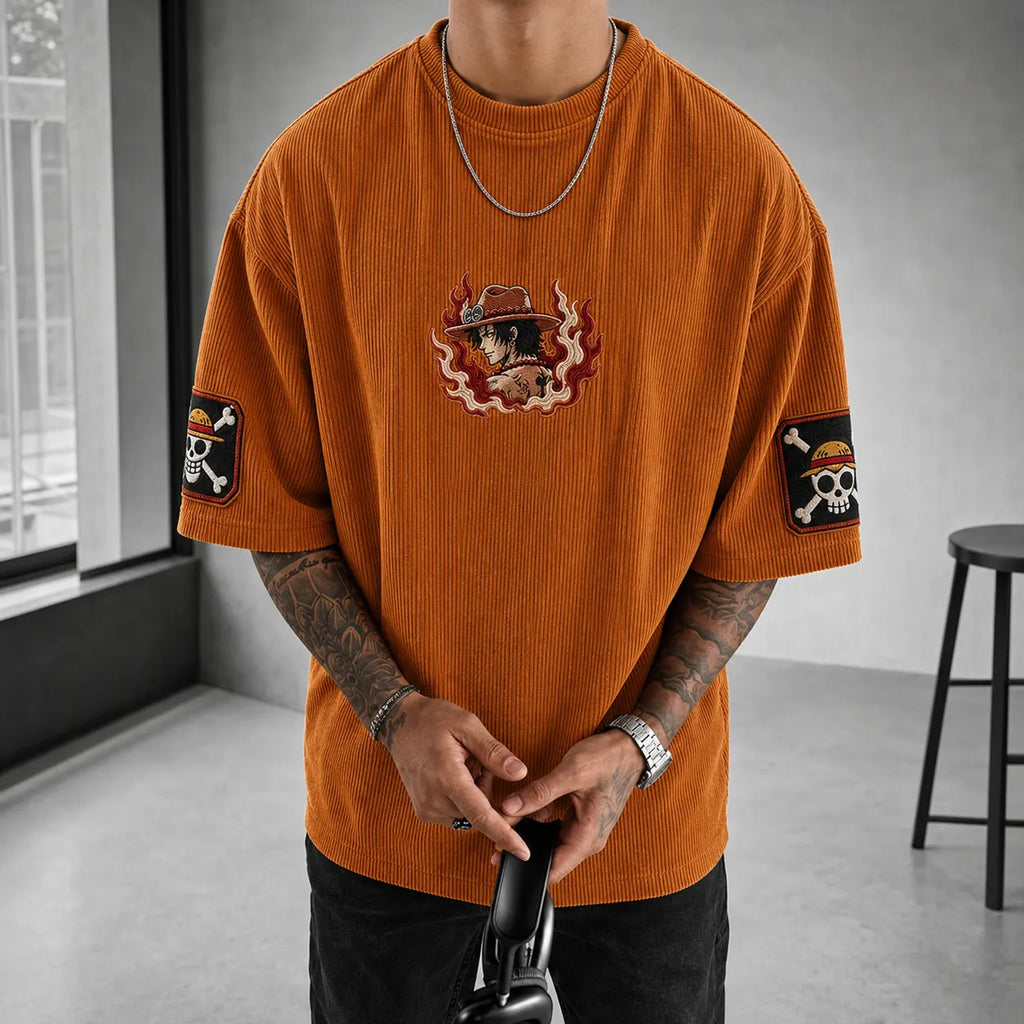 One Piece Unisex Anime-Style Retro Corduroy Oversized T-Shirt