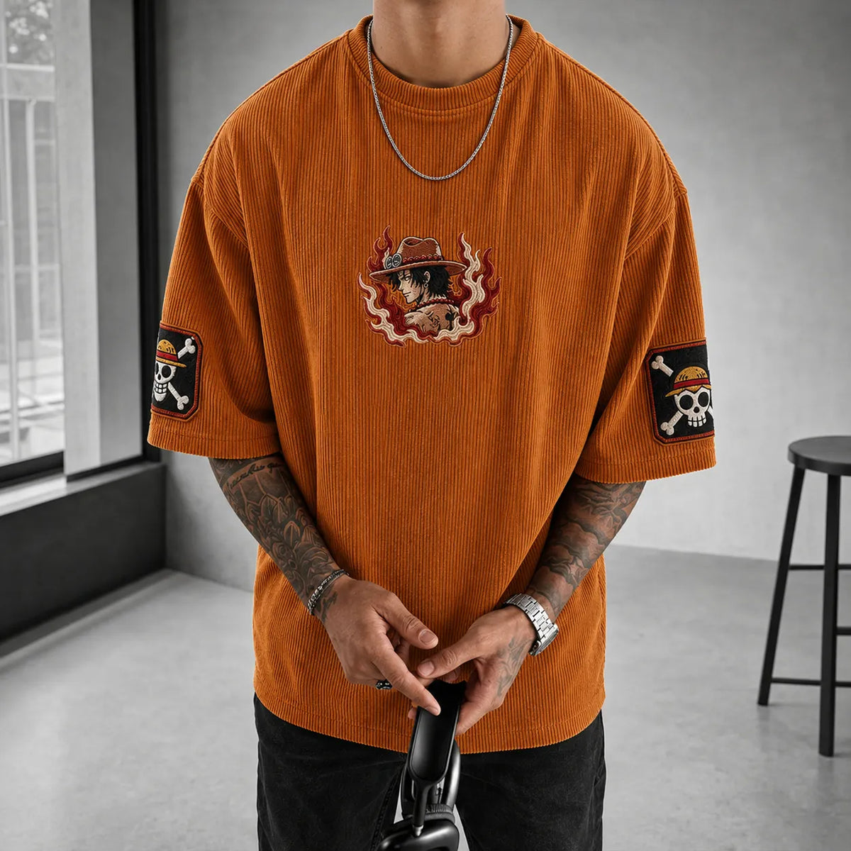 One Piece Unisex Anime-Style Retro Corduroy Oversized T-Shirt