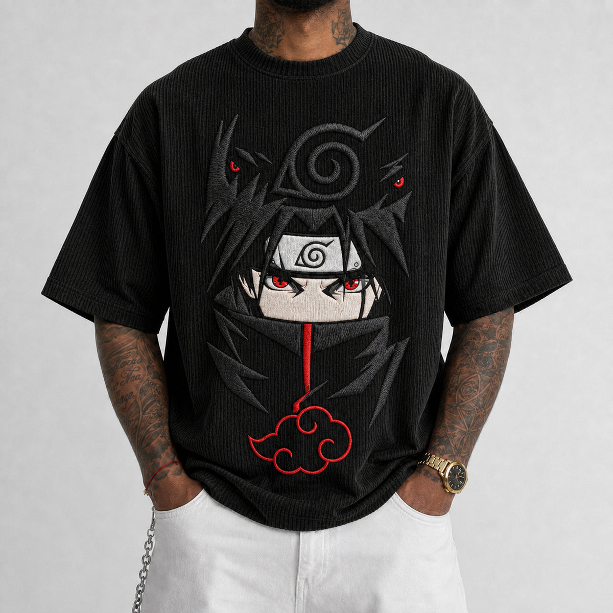 NINDO Unisex Anime-Style Retro Corduroy Oversized T-Shirt