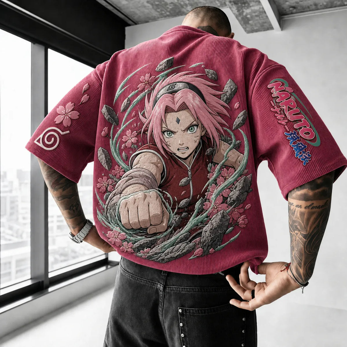 NINDO Unisex Anime-Style Retro Corduroy Oversized T-Shirt