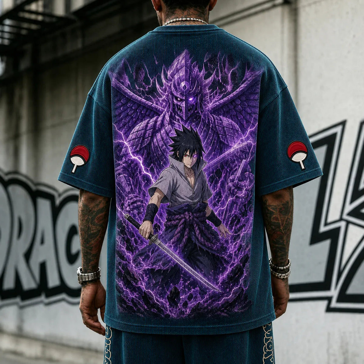 NINDO Unisex Oversized Anime-Print Vertical-Stripe Short-Sleeve T-Shirt