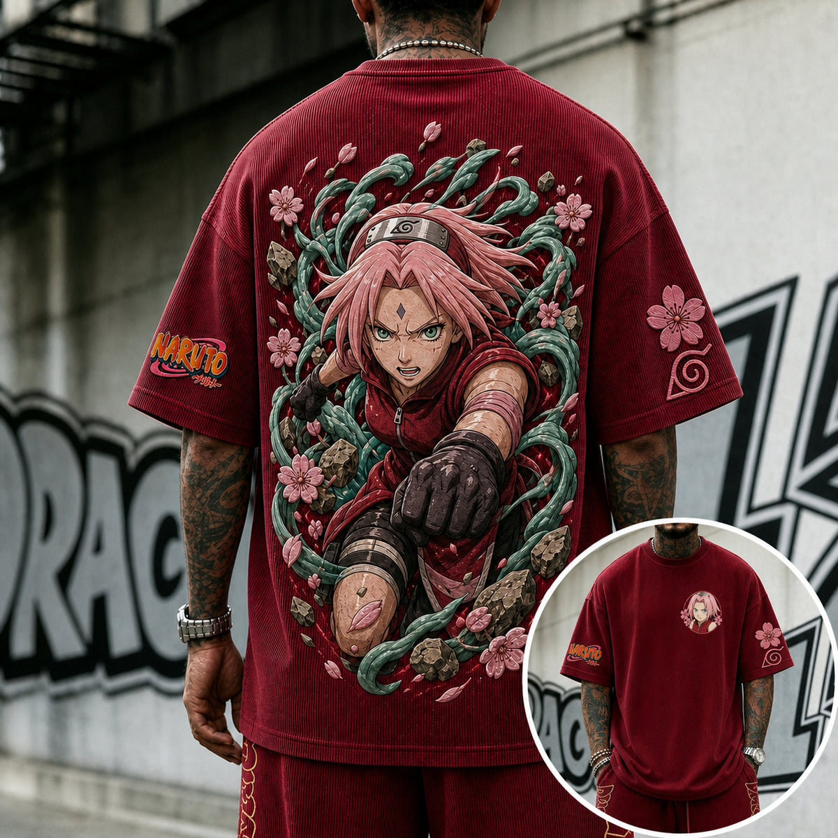 NINDO Unisex Anime-Style Retro Corduroy Oversized T-Shirt