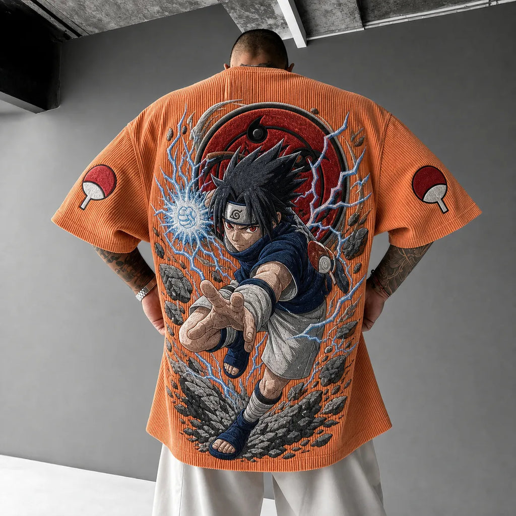 NINDO Unisex Oversized Anime-Print Vertical-Stripe Short-Sleeve T-Shirt