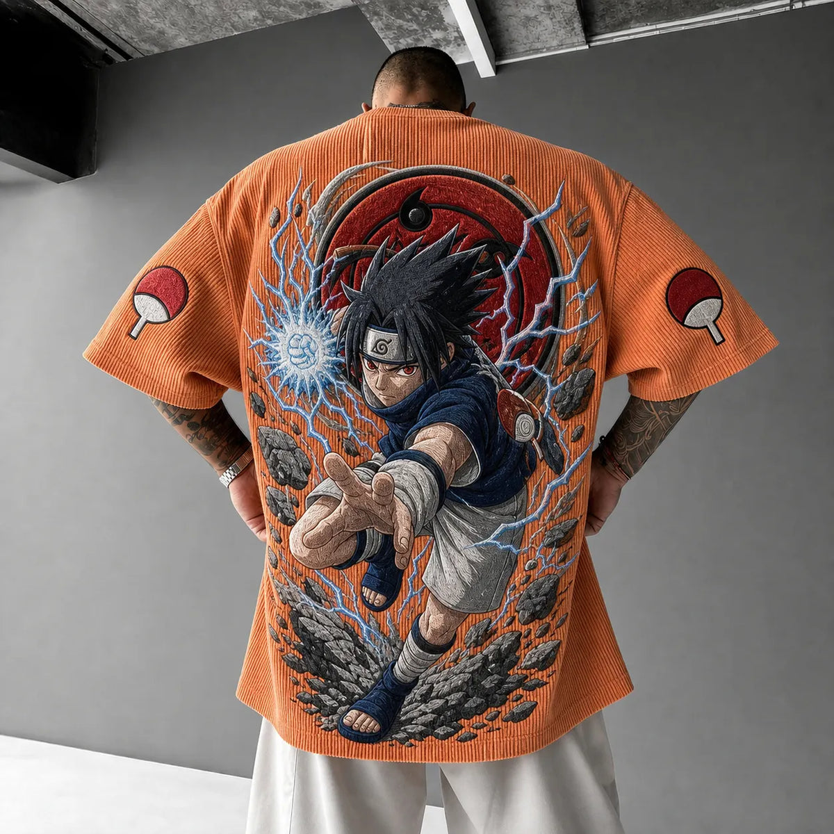 NINDO Unisex Oversized Anime-Print Vertical-Stripe Short-Sleeve T-Shirt