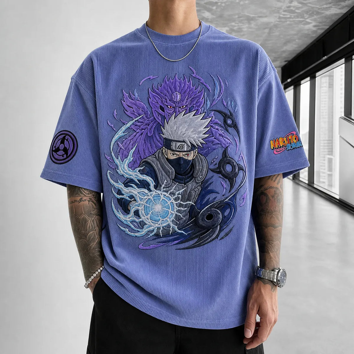 NINDO Unisex Oversized Anime-Print Vertical-Stripe Short-Sleeve T-Shirt