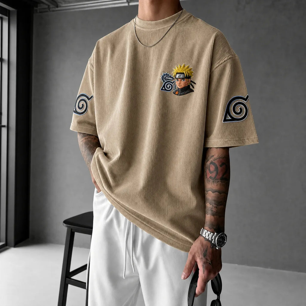 NINDO Unisex Oversized Anime-Print Vertical-Stripe Short-Sleeve T-Shirt