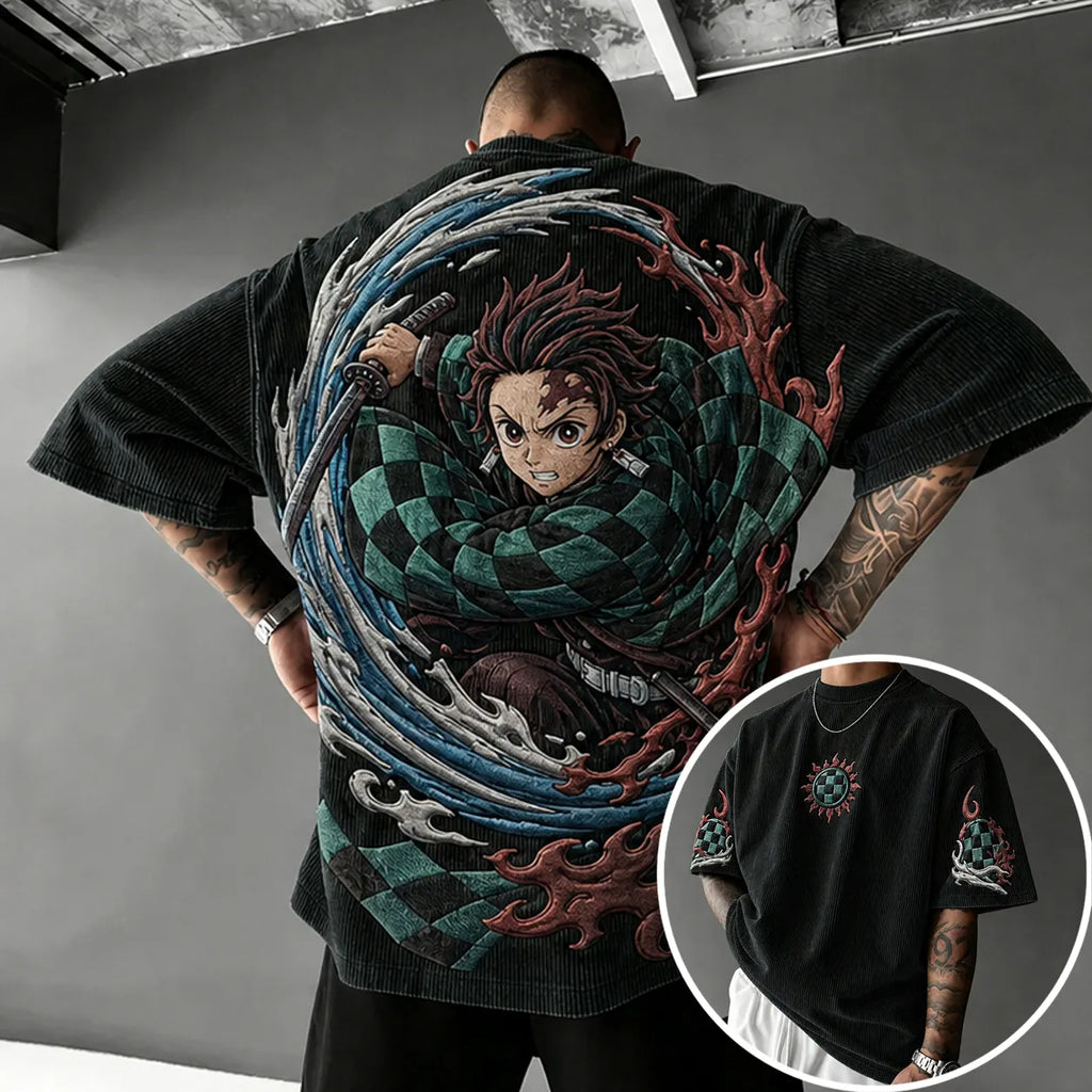 KNY Unisex Anime-Style Retro Corduroy Oversized T-Shirt