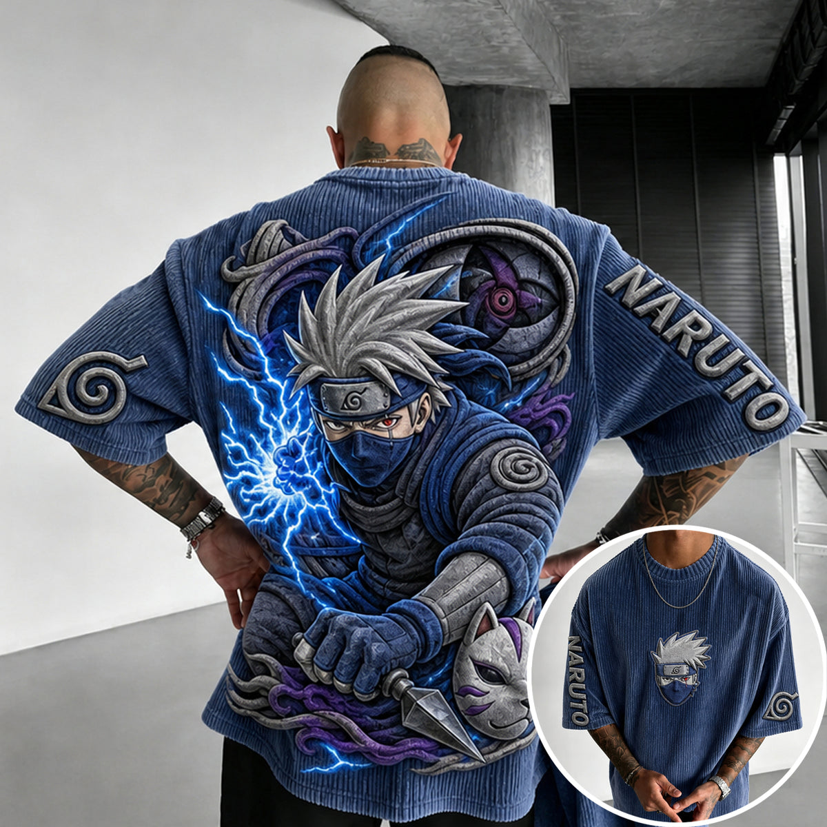 NINDO Unisex Anime-Style Retro Corduroy Oversized T-Shirt