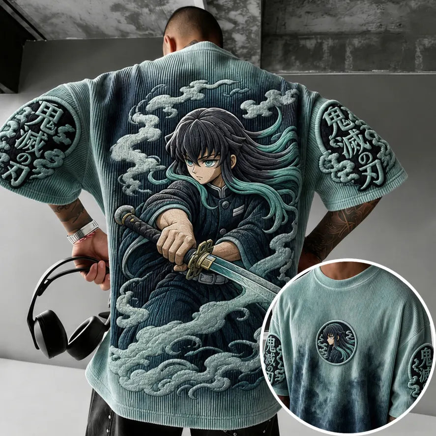 KNY Unisex Oversized Anime-Print Vertical-Stripe Short-Sleeve T-Shirt