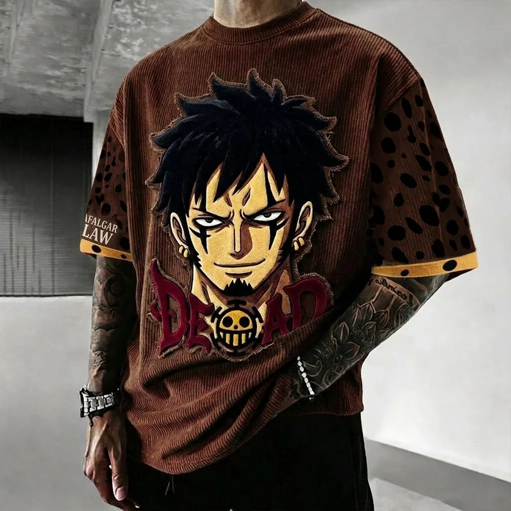 One Piece Unisex Anime-Style Retro Corduroy Oversized T-Shirt