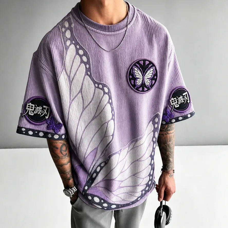KNY Unisex Oversized Anime-Print Vertical-Stripe Short-Sleeve T-Shirt