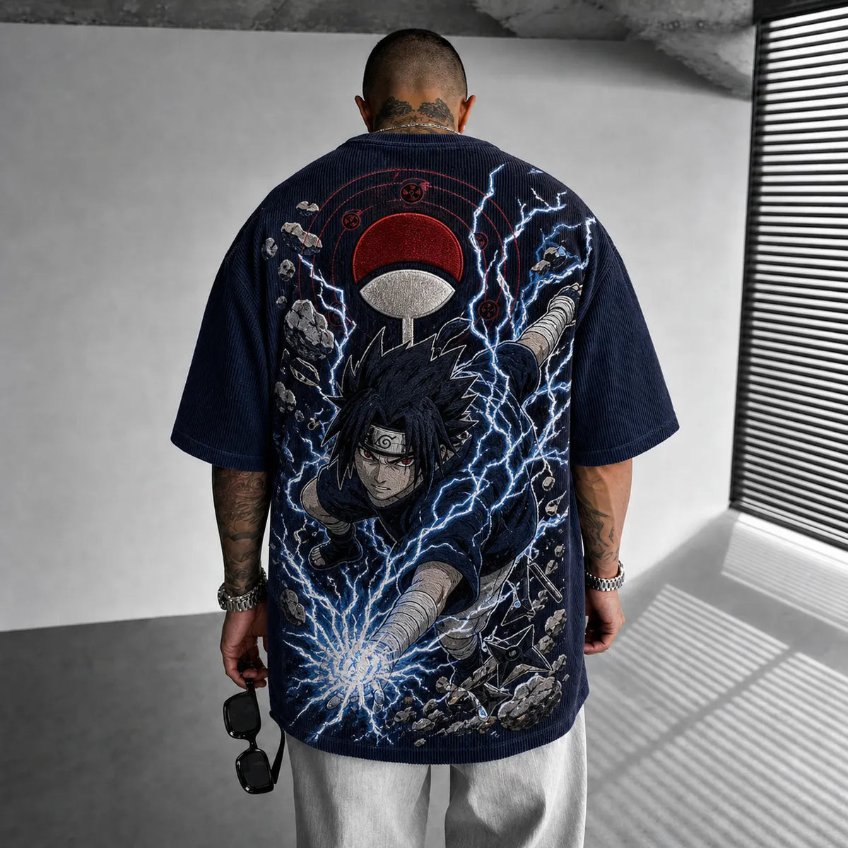 NINDO Unisex Oversized Anime-Print Vertical-Stripe Short-Sleeve T-Shirt