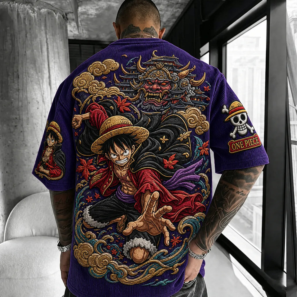 One Piece Unisex Anime-Style Retro Corduroy Oversized T-Shirt