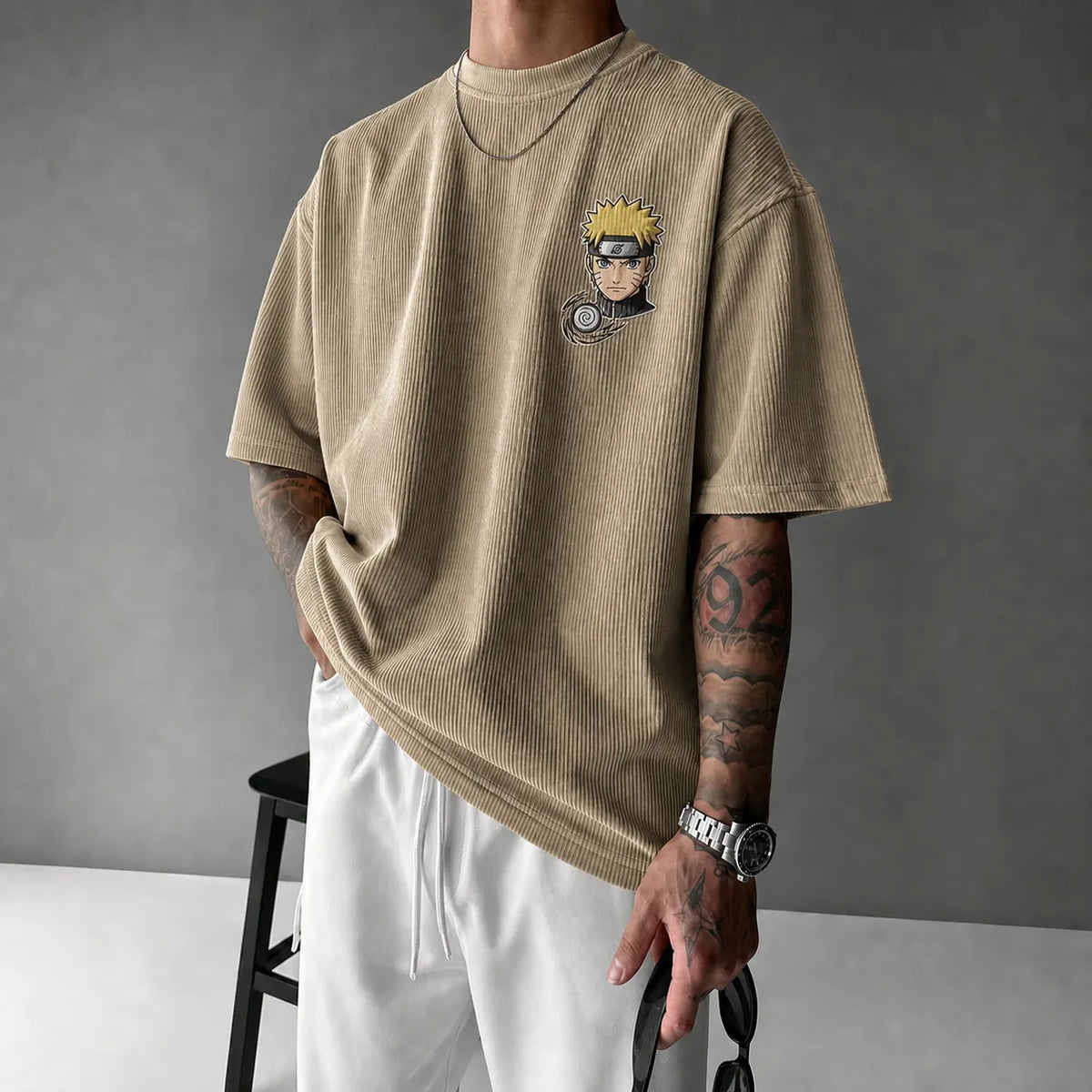 NINDO Unisex Oversized Anime-Print Vertical-Stripe Short-Sleeve T-Shirt