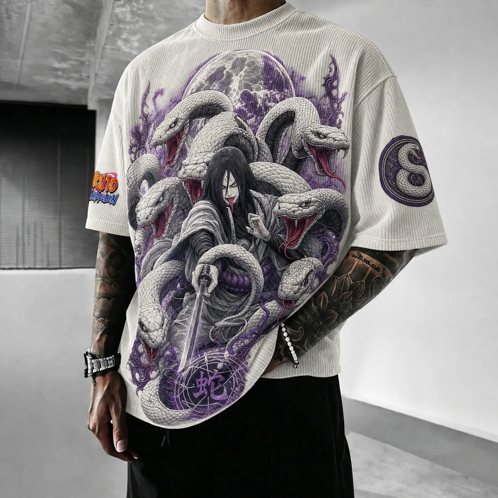 NINDO Unisex Oversized Anime-Print Vertical-Stripe Short-Sleeve T-Shirt
