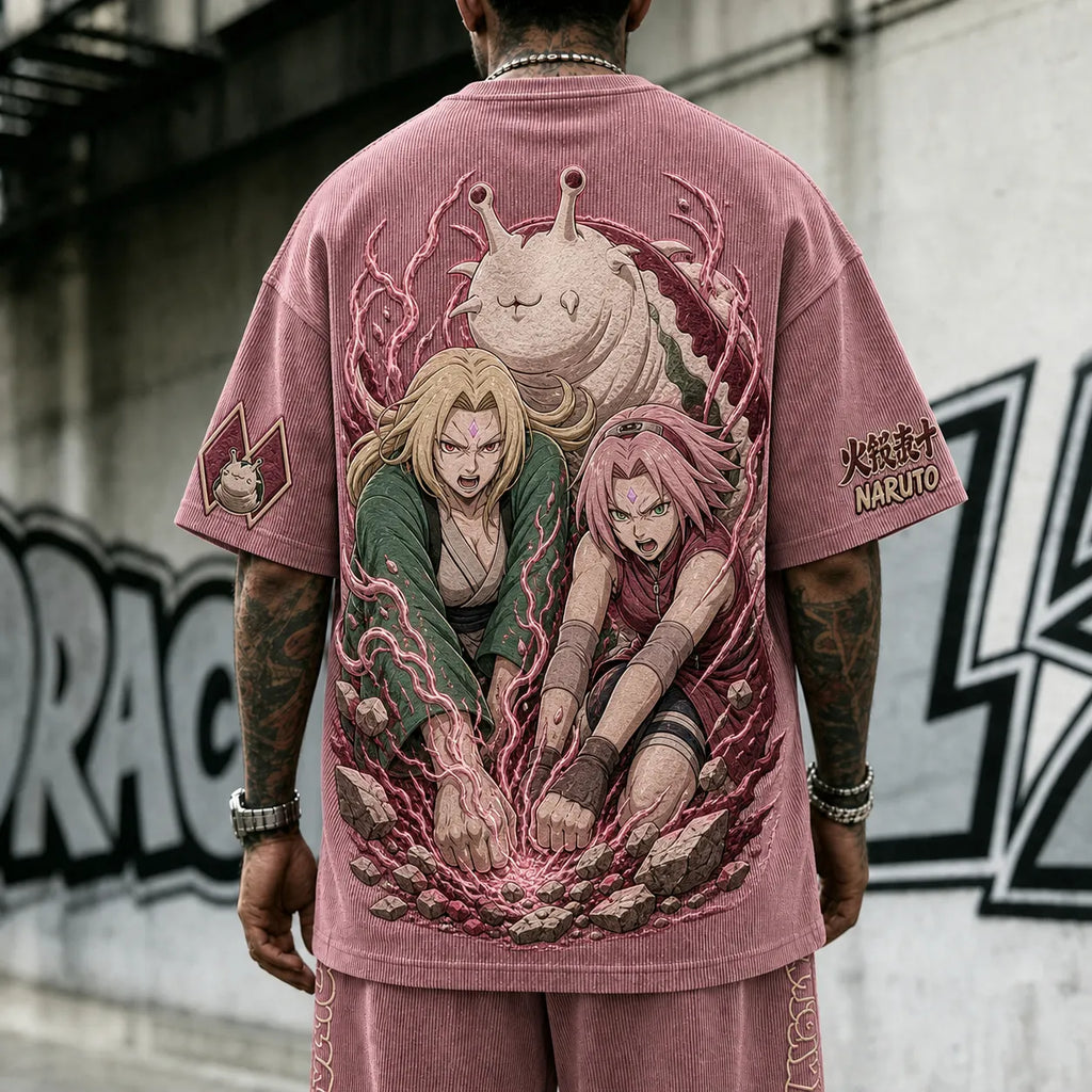NINDO Unisex Anime-Style Retro Corduroy Oversized T-Shirt