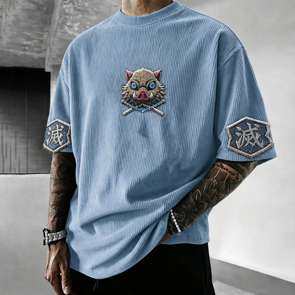 KNY Unisex Anime-Style Retro Corduroy Oversized T-Shirt
