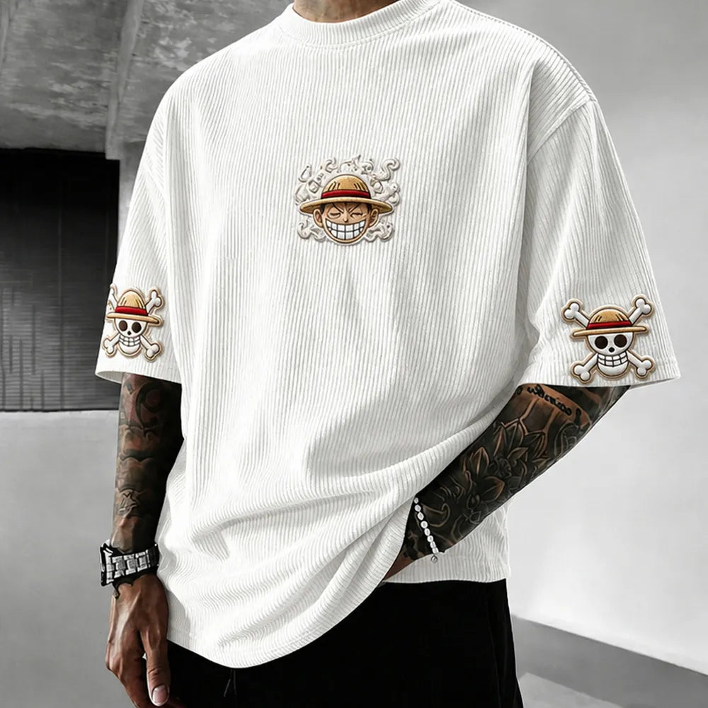 One Piece Unisex Anime-Style Retro Corduroy Oversized T-Shirt