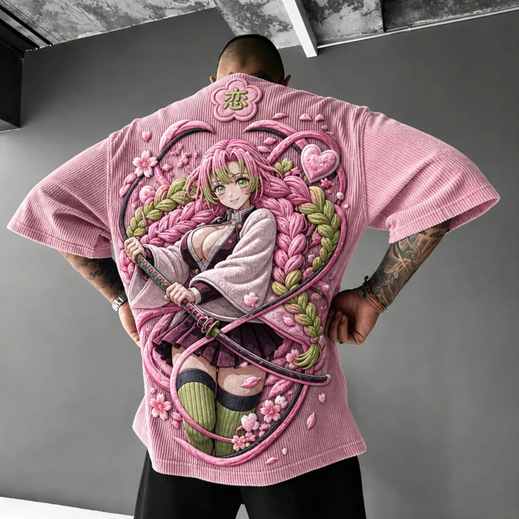 KNY Unisex Anime-Style Retro Corduroy Oversized T-Shirt