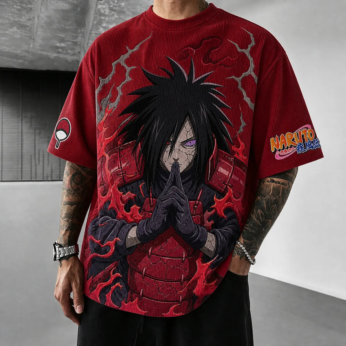 NINDO Unisex Oversized Anime-Print Vertical-Stripe Short-Sleeve T-Shirt