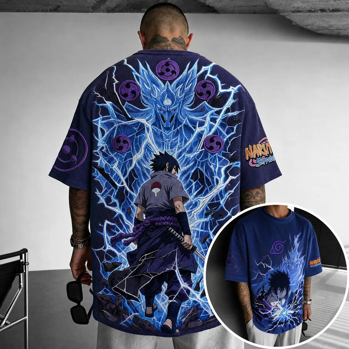 NINDO Unisex Oversized Anime-Print Vertical-Stripe Short-Sleeve T-Shirt