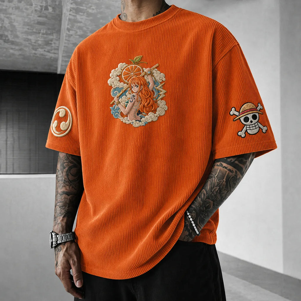 One Piece Unisex Anime-Style Retro Corduroy Oversized T-Shirt