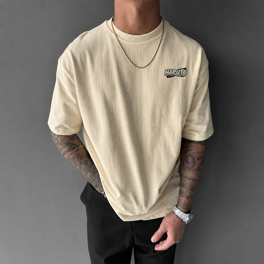 NINDO Unisex Anime-Style Retro Corduroy Oversized T-Shirt