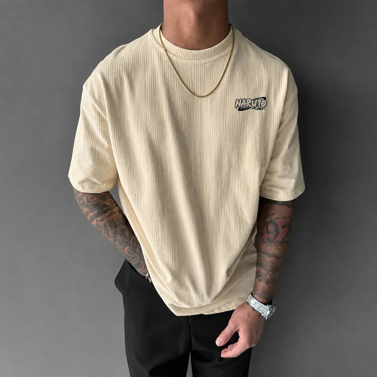 NINDO Unisex Anime-Style Retro Corduroy Oversized T-Shirt
