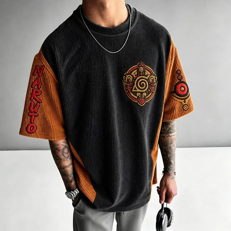 NINDO Unisex Oversized Anime-Print Vertical-Stripe Short-Sleeve T-Shirt