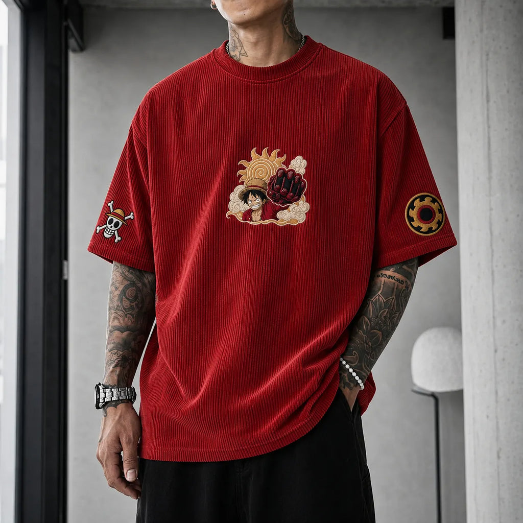 One Piece Unisex Anime-Style Retro Corduroy Oversized T-Shirt