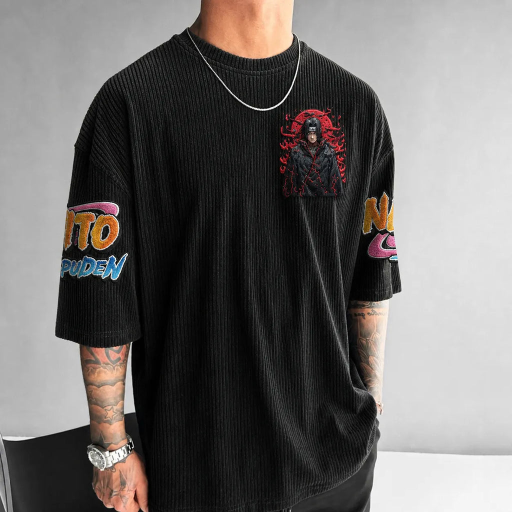 NINDO Unisex Anime-Style Retro Corduroy Oversized T-Shirt