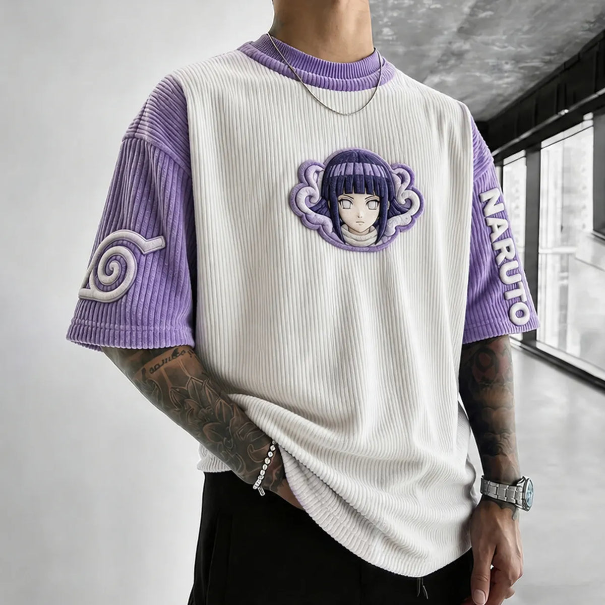 NINDO Unisex Anime-Style Retro Corduroy Oversized T-Shirt