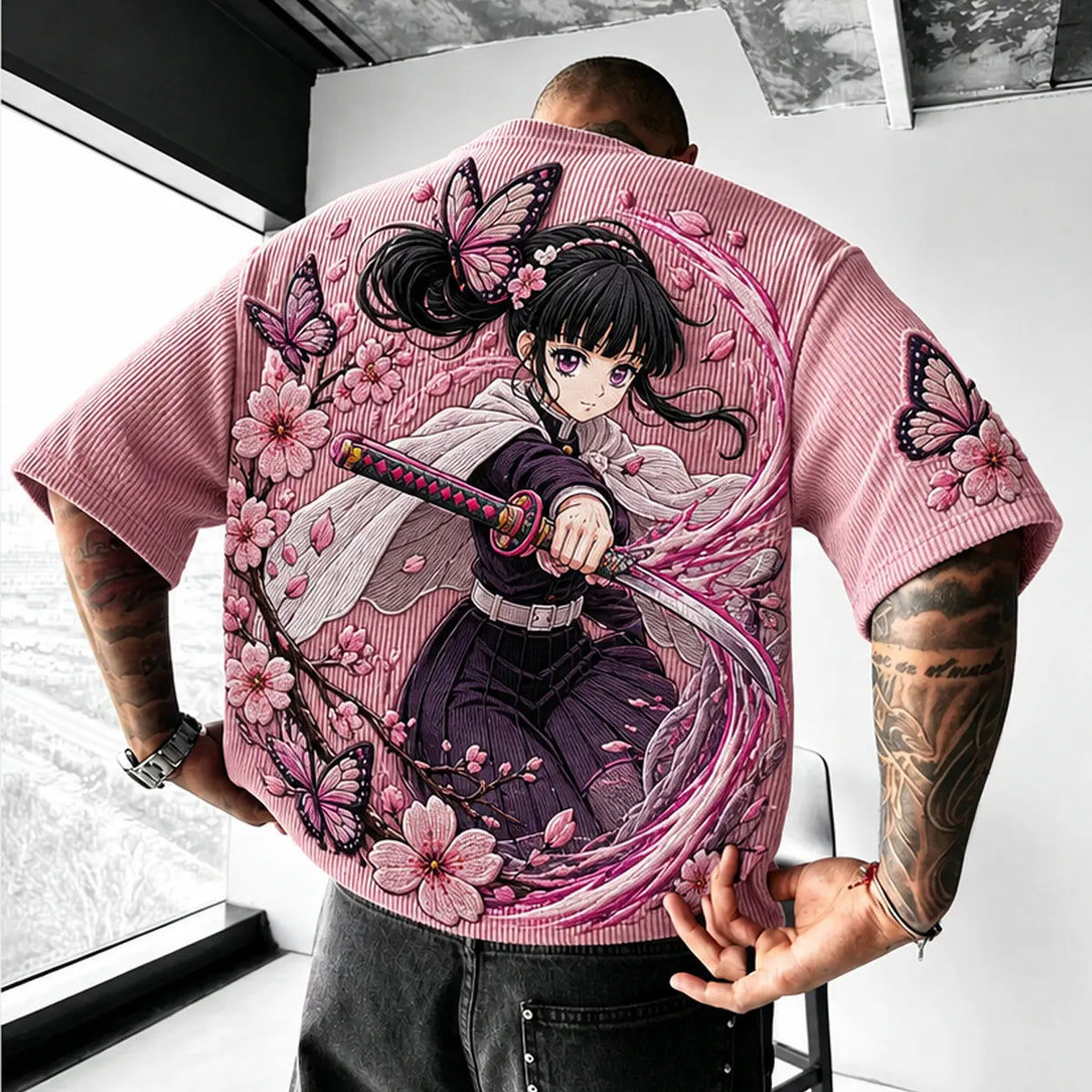 KNY Unisex Anime-Style Retro Corduroy Oversized T-Shirt