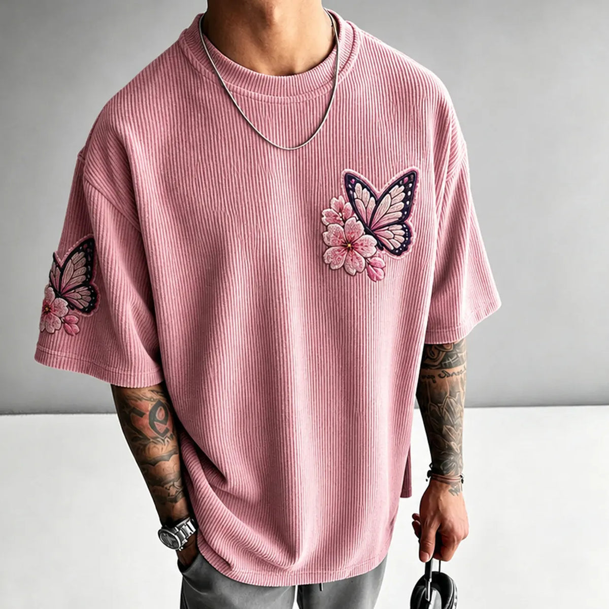 KNY Unisex Anime-Style Retro Corduroy Oversized T-Shirt