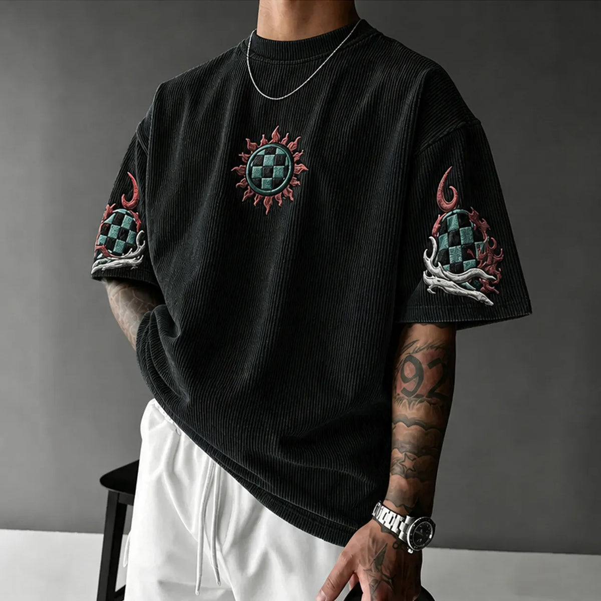KNY Unisex Anime-Style Retro Corduroy Oversized T-Shirt