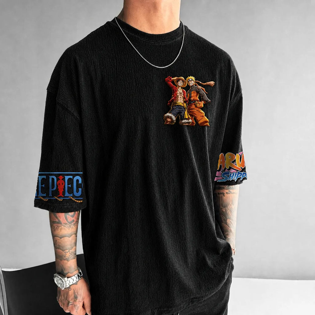 NINDO Unisex Oversized Anime-Print Vertical-Stripe Short-Sleeve T-Shirt