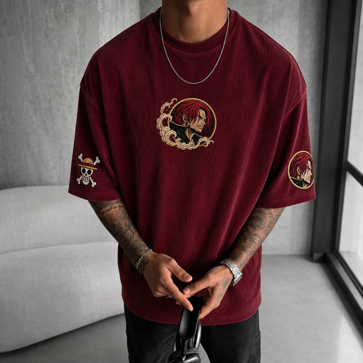 One Piece Unisex Anime-Style Retro Corduroy Oversized T-Shirt
